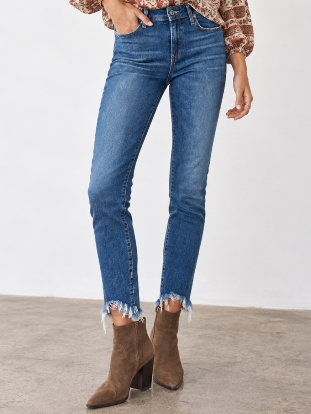 PAIGE Verdugo Crop Super Skinny Stretch Jeans Nash Distressed Hi-Lo Raw Hem 29